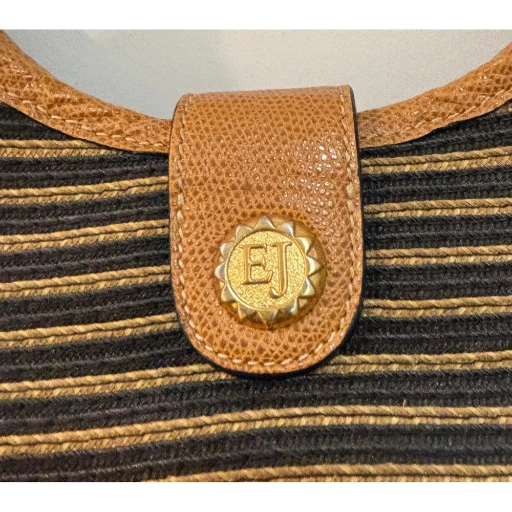 Eric Javits New York Squishee Striped Hobo Bag Black Gold Tan Leather Trim
